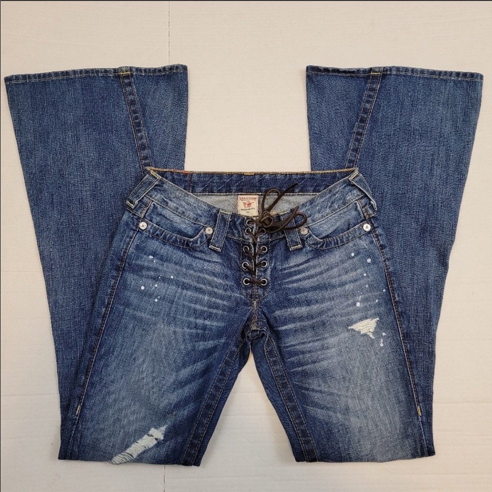 True Religion Blue Distressed Lace-Up Flare Jeans